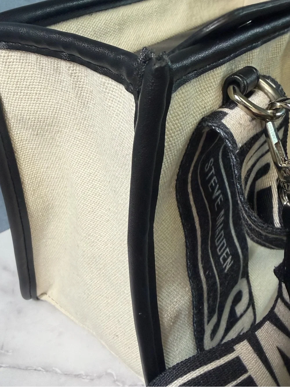 Steve Madden Black & Cream Logo Strap Tote with Coin Pouch